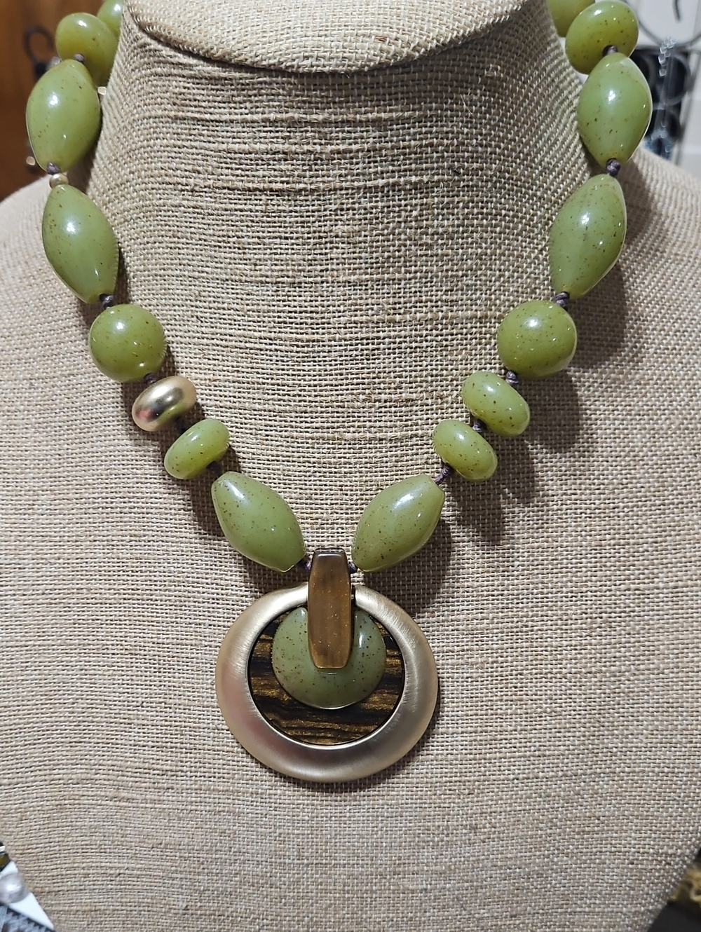 Chico's Olive Green Beaded Necklace with Gold-Tone and Wood Accent